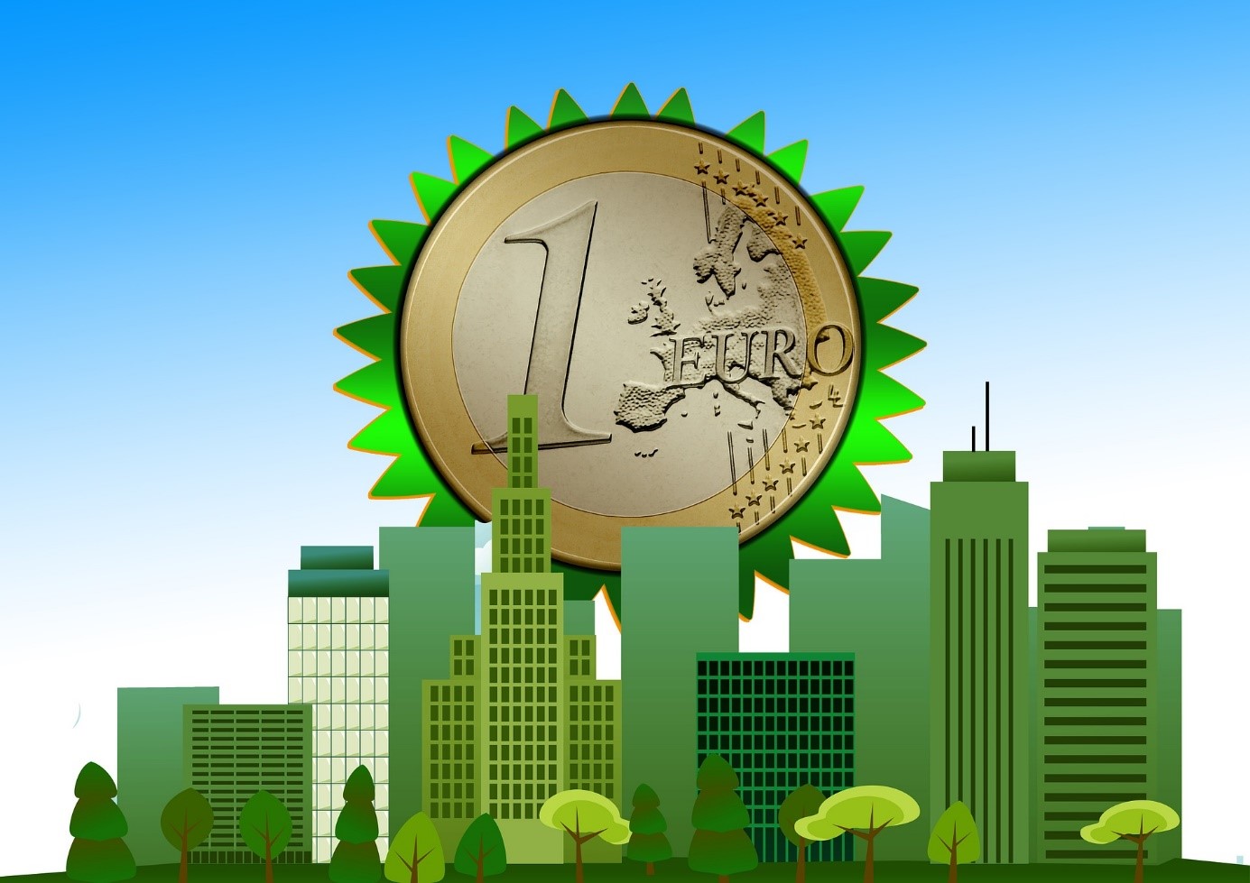 Cartoonbild: Euromünze über Hochhaus- bzw. Banken-Silhouette